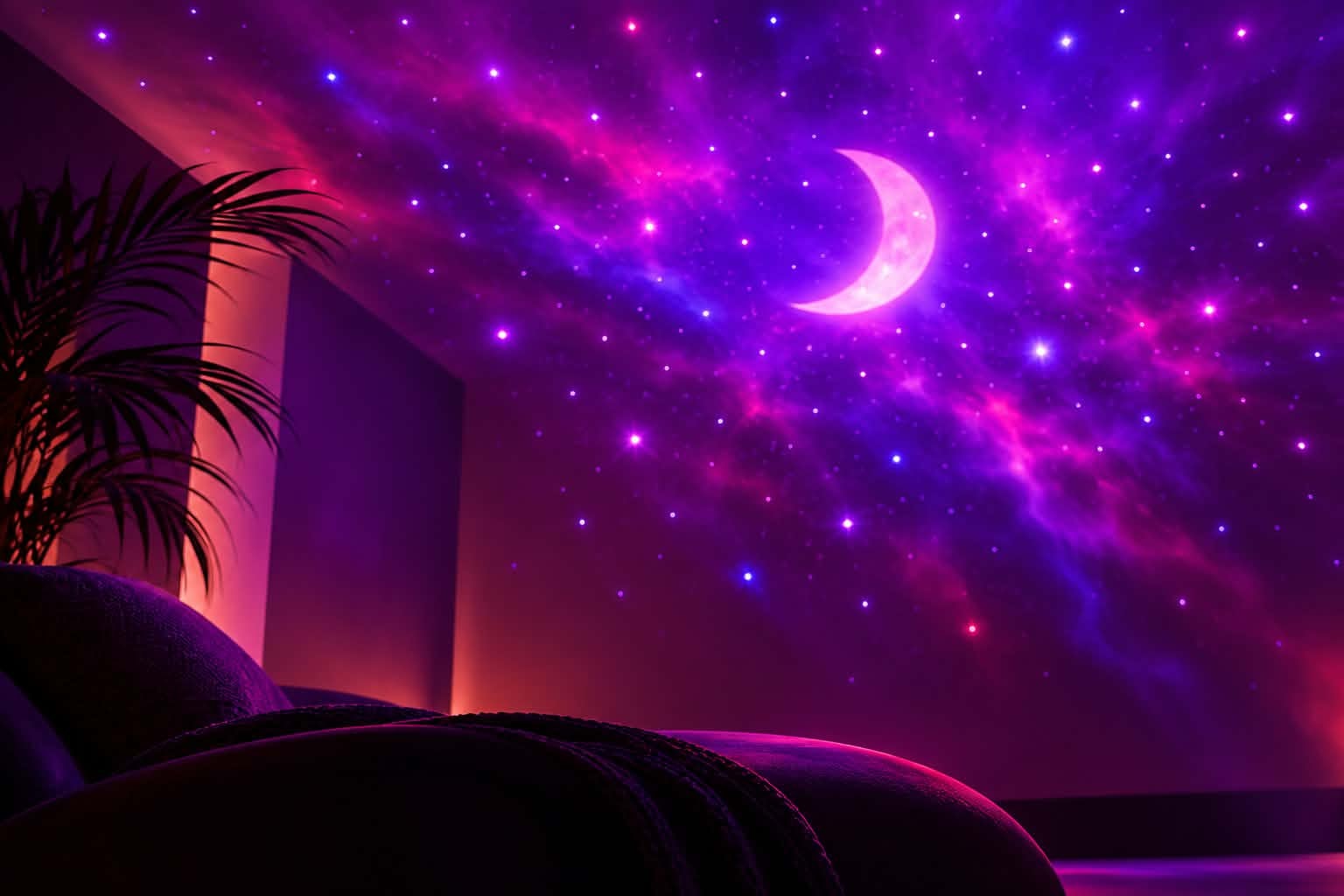 Warm burgundy room illuminated by ambient amber light